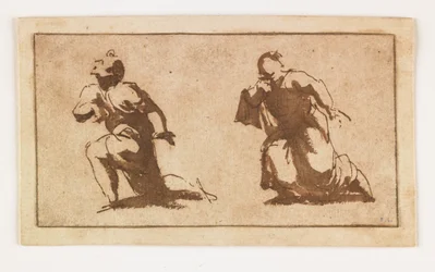 Estudo de duas figuras masculinas ajoelhadas (caneta e tinta marrom e lavagem)